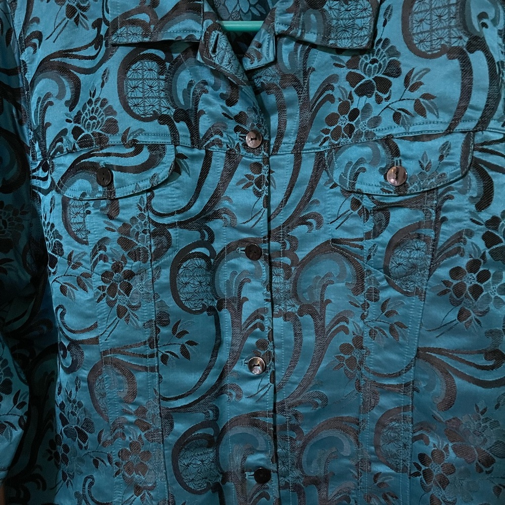 Chico’s embroidered Teal Dinner Jacket, Size 2 - Picture 3 of 6